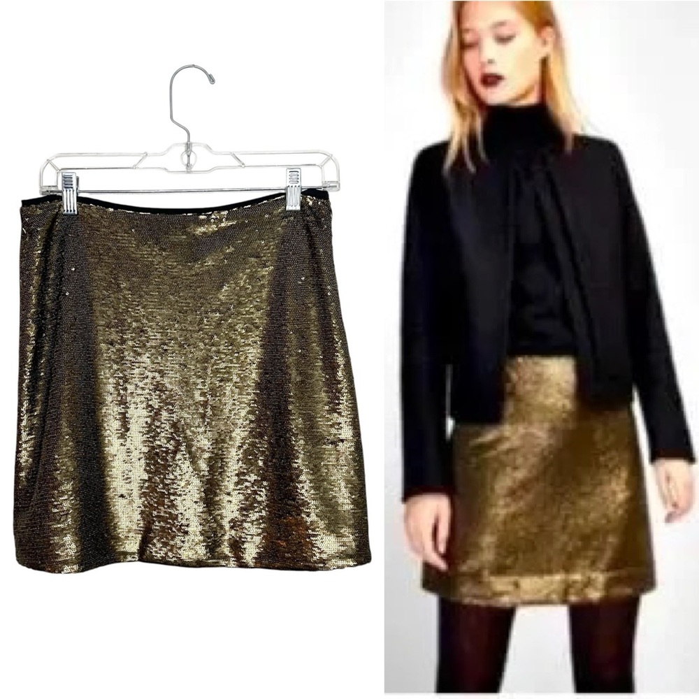 NWT Massimo Dutti Holiday Skirt S Gold Mini All Over Sequin S Lined Party Glam
